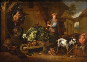 Pátio com natureza morta de animais e frutas, Adriaen de Gryef (Leiden 1657 - Bruxelas 1722) Assinado 'A Gryeff f’(ecit) - no centro à esquerda