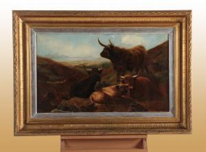 Olio su tela inglese del 1800 raffigurante scena di pascolo con buoi