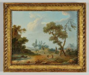 Paesaggio con armenti e viandanti, scuola italiana secolo XVIII, olio su tela in cornice intagliata e dorata