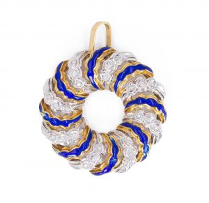 Vintage 18k gold pendant with diamonds and blue enamel, 1970s