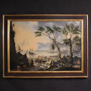 Peinture flamande du 17eme siècle, grand paysage avec voiliers