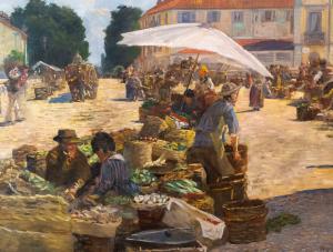 Großformatiges Gemälde von Pugliese Levi Clemente, "Mercato di Porta Palazzo" - Turin, signiert, 1920