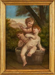 Tre putti festanti, olio su tela, scuola italiana secolo XVIII