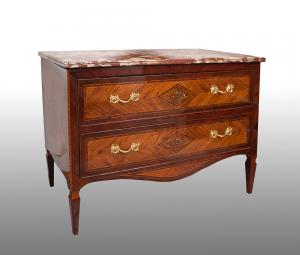 Antique Neapolitan Louis XVI chest of drawers in precious exotic woods with marble top. 18th century period.