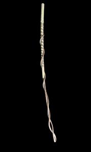 Horse riding crop with engraved silver handle and ox bone shaft.