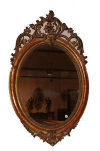 Antica specchiera ovale Luigi XV metà 1800 francese dorato foglia oro bolo visibile 