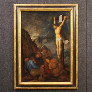 Antique Flemish painting on panel from the 17th century, crucifixion with soldiers cast lots for Jes