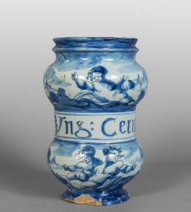 White and blue ceramic Albarello, Lanterna mark, Savona 18th century