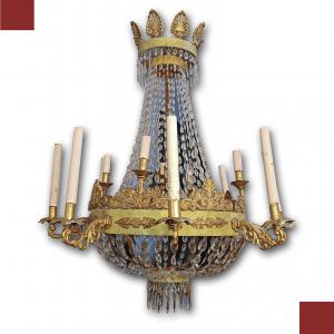 NEOKLASSISCH IMPERO HÄNGELAMPE AUS EISEN UND KRISTALL, FRÜHES 19. JAHRHUNDERT