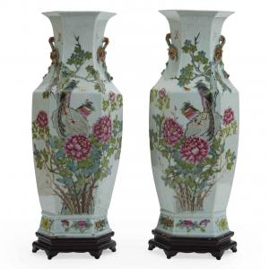 Par de Vasos Chineses Hexagonais Dinastia Qing Séc. XIX