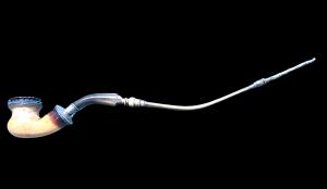 Globular-bodied meerschaum and silver pipe with geometric patterns. Horn mouthpiece.