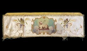 Sacerdotal sacred vestment: silk humeral veil with floral embroidery and painted scene in the center.