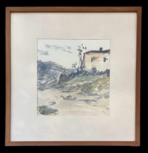 Acquarello-carboncino su carta raffigurante paesaggio rurale con casa.firmato