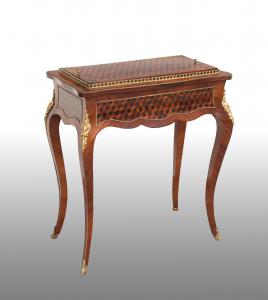 Antique French Napoleon III side table/planter in polychrome woods with gilded bronze applications, 19th century.