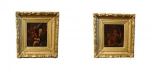 Coppia di antichi dipinti oli su tela del 1800 francesi scena di interni con personaggi