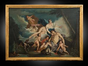 Antiga pintura a óleo sobre tela retratando Vênus e Adônis, estilo "Boucher". França, século XVIII.