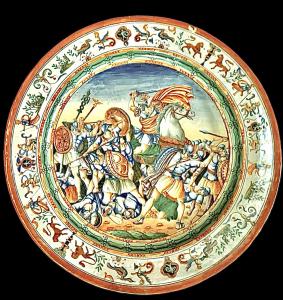 Par de grandes pratos de cerâmica com cena histórica. Pesaro.
