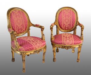 Par de poltronas antigas francesas Napoleão III em madeira dourada e esculpida. Século XIX.
