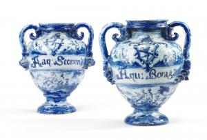 Pair of Savona majolica vases with coat of arms, Lanterna mark, mid-18th century