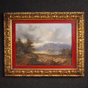 Paisaje italiano con viajeros, óleo sobre lienzo fechado en 1845