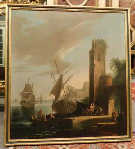 PAN386 - Dipinto "grande porto con velieri e torre", misura cm L 127 x H 140