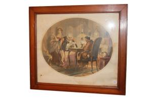 Impressão colorida francesa do século XIX. Cena de interior com personagens jogando cartas.