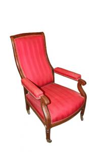 Poltrona francese stile Carlo X – Seconda metà '800, palissandro intarsiato e tessuto rosso