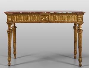 Consolle Luigi XVI in legno intagliato e dorato, piano in marmo, Genova fine secolo XVIII
