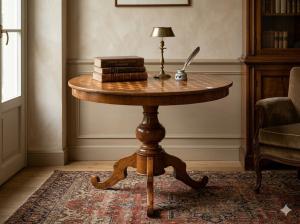 Walnut Round Table Inlaid with Marquetry - Restoration Included_car 3456
