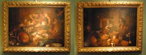 Paar Stillleben, Kücheninterieur mit Figuren von Gian Domenico Valentini aus dem 18. Jahrhundert, 50 x 70 cm