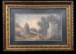 Ölgemälde auf Leinwand, das eine Landschaft mit Figuren und Architekturen darstellt.
