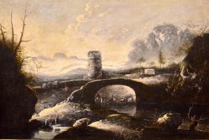Paesaggio invernale di fantasia con ponte e torrione, Hans de Jode (L'Aia, 1630 – Vienna, 1663)
