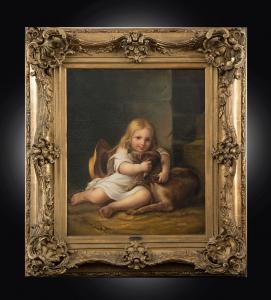 Antigo quadro a óleo sobre tela retratando uma menina com um cachorro, assinado "A.Lemoine" (1809-1839), com uma moldura da época. França, século XIX.