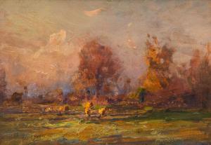 Alessandro Lupo (Torino, 1876 – Torino, 1953), "Peasaggio al tramonto", olio su compensato 1909, Alessandro Lupo (Turin, 1876 - Turin, 1953), "Peasaggio al tramonto," oil on plywood 1909