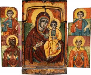 Greek Orthodox painter (19th century) - Portable triptych with Madonna Eleousa and four saints.