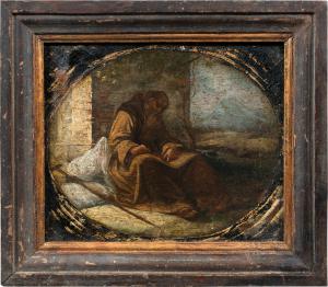 Pittore italiano (XVII-XVIII sec.) - Frate francescano pellegrino assiso a scrivere.