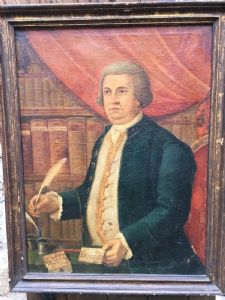 Pintura a óleo sobre tela retratando uma figura com moldura contemporânea, Marche, século XVIII.