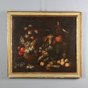 Quadro Natureza Morta com Flores, Frutas e Pássaros