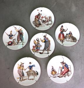 Set of six earthenware plates with decal decoration. Clown series. Richard manufacture, Milan.