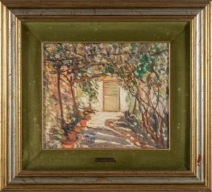 Angelo Balbi (Genova 1872 1939) Il pergolato, olio su cartoncino