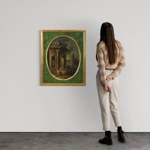 Pintura italiana com vista e arquiteturas com personagens do século XVIII