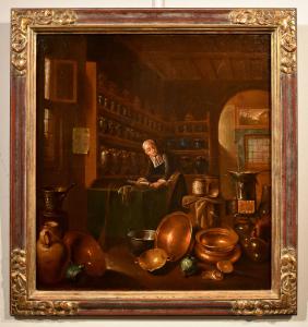 Il farmacista nel suo laboratorio, Giovanni Domenico Valentino (Roma 1630 - Imola 1708) Monogrammato