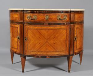 Louis XVI demilune commode veneered in rosewood, palisander and various woods, Piedmont, last quarter of the 18th century