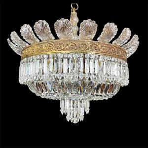 Grande Plafoniera Italiana In Cristallo, Sei Luci, Corone in Bronzo Dorato, 1960