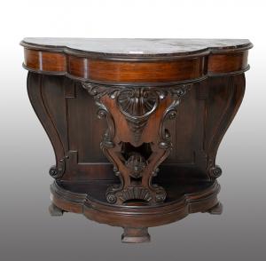 Consolle antica Luigi Filippo Napoletana in legno esotico pregiato con piano in marmo rosso levanto.Periodo XIX secolo.