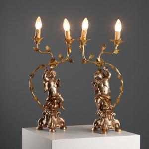 Coppia di Candelabri in Legno Intagliato e Dorato Italia Metà '900 ca