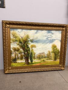Antico dipinto olio su tela, paesaggio XIX sec, firmato in cornice dorata, 120x96cm