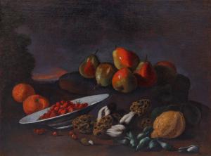 Angelo Maria Rossi, genannt Il pittore di Carlo Torre oder Lo pseudo-Fardella (dokumentiert zwischen 1665 und 1701), Stillleben mit Früchten und Morcheln