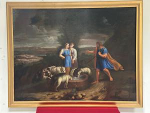 Olio su tela . Mosé con le figlie di Jetro. XVIII secolo