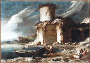 Antonio Travi, detto Il Sestri (Sestri Ponente 1608 Genova 1668), Marina con rovine, olio su tela